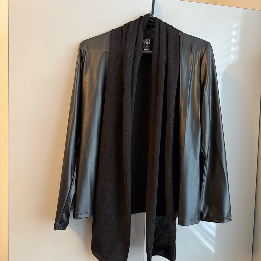 Clara Sun Woo Black Faux-Leather Open Front Draped Cardigan